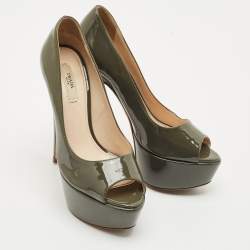 Prada Olive Green Patent Leather Peep Toe Platform Pumps Size 36.5