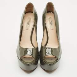 Prada Olive Green Patent Leather Peep Toe Platform Pumps Size 36.5