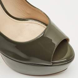 Prada Olive Green Patent Leather Peep Toe Platform Pumps Size 36.5
