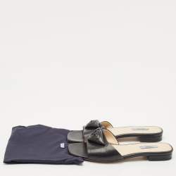 Pre Owned Prada Black Leather Triangle Flower Flat Slide Sandals Size 40