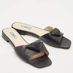 Pre Owned Prada Black Leather Triangle Flower Flat Slide Sandals Size 40