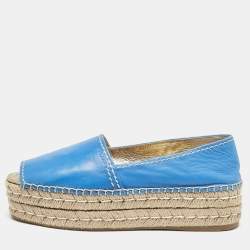 Prada Blue Leather Open Toe Platform Espadrilles Size 39