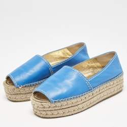 Prada Blue Leather Open Toe Platform Espadrilles Size 39