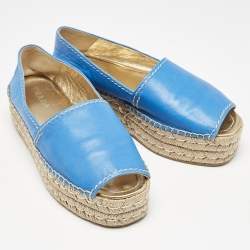 Prada Blue Leather Open Toe Platform Espadrilles Size 39