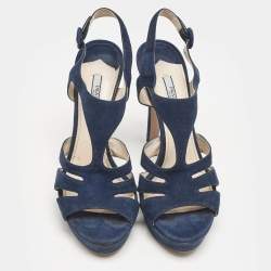 Prada Navy Blue Suede Strappy Platform Sandals Size 40