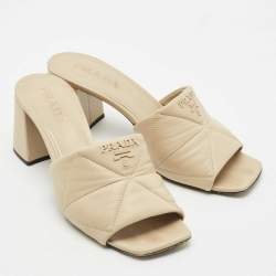 Pre Owned Prada Beige Quilted Leather Logo Slide Sandals Size 38.5