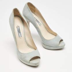 Prada Light Blue Suede Peep Toe Platform Pumps Size 38