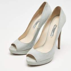 Prada Light Blue Suede Peep Toe Platform Pumps Size 38