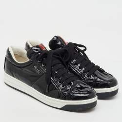 Prada Black Patent Leather Lace Up Low Top Sneakers Size 37.5