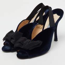 Prada Navy Blue/Black Velvet Bow Slingback Sandals Size 39