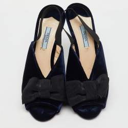 Prada Navy Blue/Black Velvet Bow Slingback Sandals Size 39