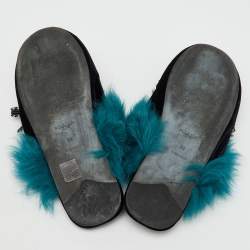 Prada Black/Teal Velvet and Fur Tassel Flat Mules Size 38