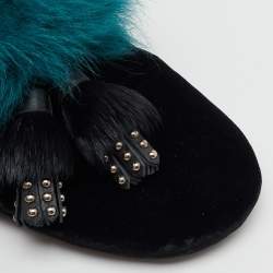 Prada Black/Teal Velvet and Fur Tassel Flat Mules Size 38