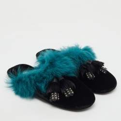 Prada Black/Teal Velvet and Fur Tassel Flat Mules Size 38