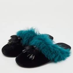 Prada Black/Teal Velvet and Fur Tassel Flat Mules Size 38