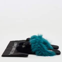 Prada Black/Teal Velvet and Fur Tassel Flat Mules Size 38