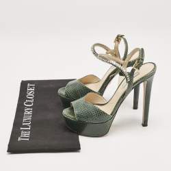 Pre Owned Prada Green Snakeskin Crystals Embellished Ankle Strap Sandals Size 36