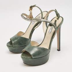 Pre Owned Prada Green Snakeskin Crystals Embellished Ankle Strap Sandals Size 36