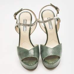 Pre Owned Prada Green Snakeskin Crystals Embellished Ankle Strap Sandals Size 36