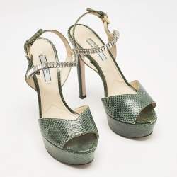 Pre Owned Prada Green Snakeskin Crystals Embellished Ankle Strap Sandals Size 36