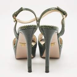 Pre Owned Prada Green Snakeskin Crystals Embellished Ankle Strap Sandals Size 36