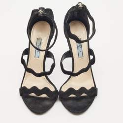 Pre Owned Prada Black Suede Wavy Ankle Strap Sandals Size 37.5