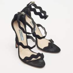 Pre Owned Prada Black Suede Wavy Ankle Strap Sandals Size 37.5