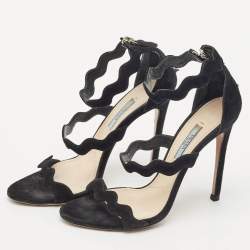 Pre Owned Prada Black Suede Wavy Ankle Strap Sandals Size 37.5