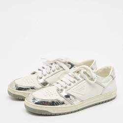 Pre Owned Prada White/Silver Leather and Patent Leather Downtown Low Top Sneakers Size 39