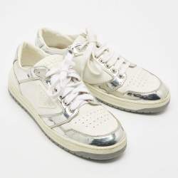 Pre Owned Prada White/Silver Leather and Patent Leather Downtown Low Top Sneakers Size 39