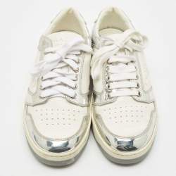 Pre Owned Prada White/Silver Leather and Patent Leather Downtown Low Top Sneakers Size 39