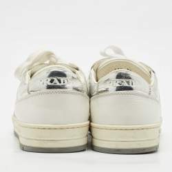 Pre Owned Prada White/Silver Leather and Patent Leather Downtown Low Top Sneakers Size 39