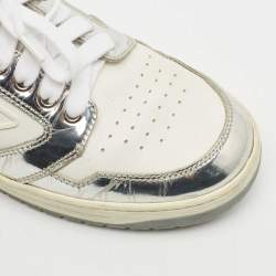 Pre Owned Prada White/Silver Leather and Patent Leather Downtown Low Top Sneakers Size 39