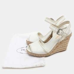 Prada White Leather Espadrille Platform Wedge Ankle Strap Sandals Size 39.5