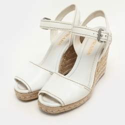 Prada White Leather Espadrille Platform Wedge Ankle Strap Sandals Size 39.5