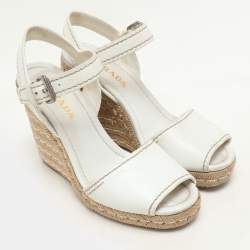 Prada White Leather Espadrille Platform Wedge Ankle Strap Sandals Size 39.5