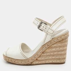 Prada White Leather Espadrille Platform Wedge Ankle Strap Sandals Size 39.5