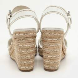 Prada White Leather Espadrille Platform Wedge Ankle Strap Sandals Size 39.5