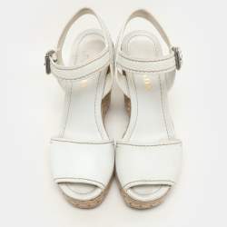 Prada White Leather Espadrille Platform Wedge Ankle Strap Sandals Size 39.5