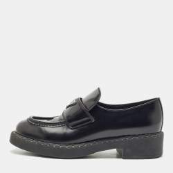 Pre Owned Prada Black Patent Leather Triangle Logo Platform Loafers Size 38
