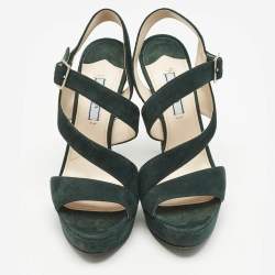Prada Dark Green Suede Ankle Strappy Platform Sandals Size 38