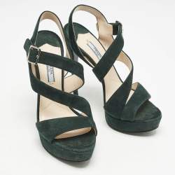 Prada Dark Green Suede Ankle Strappy Platform Sandals Size 38