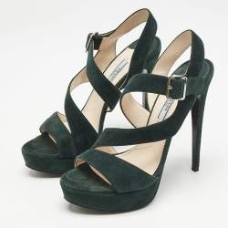 Prada Dark Green Suede Ankle Strappy Platform Sandals Size 38