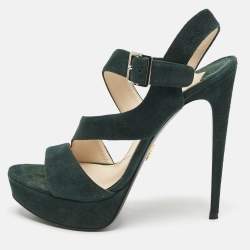 Prada Dark Green Suede Ankle Strappy Platform Sandals Size 38
