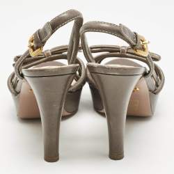 Prada Taupe Grey Leather Strappy Slingback Platform Sandals Size 38