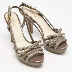 Prada Taupe Grey Leather Strappy Slingback Platform Sandals Size 38