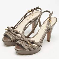 Prada Taupe Grey Leather Strappy Slingback Platform Sandals Size 38