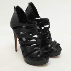 Prada Black Leather Caged Platform Sandals Size 35
