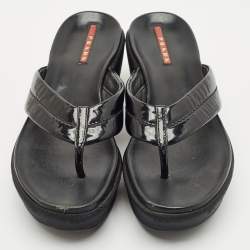 Prada Black Patent Leather Platform Thong Sandals Size 38