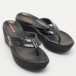 Prada Black Patent Leather Platform Thong Sandals Size 38
